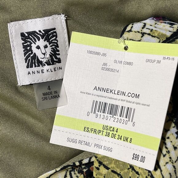 Anne Klein SZ 4 A-Line Dress Sleeveless Stretch V-Neck Leaf Print Lined Multi - Picture 7 of 8